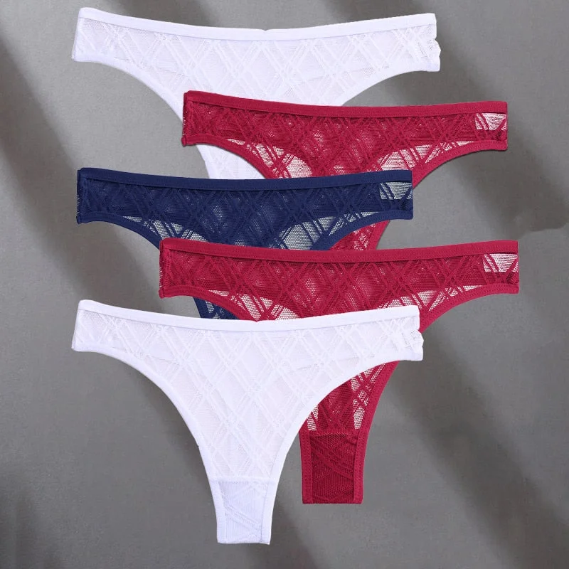 FINETOO 5PCS/Set Lace Sexy Women Thongs Floral Perspective G-string Lingerie Panties Low-Waist Femme Girls Underwear Mesh Pantys