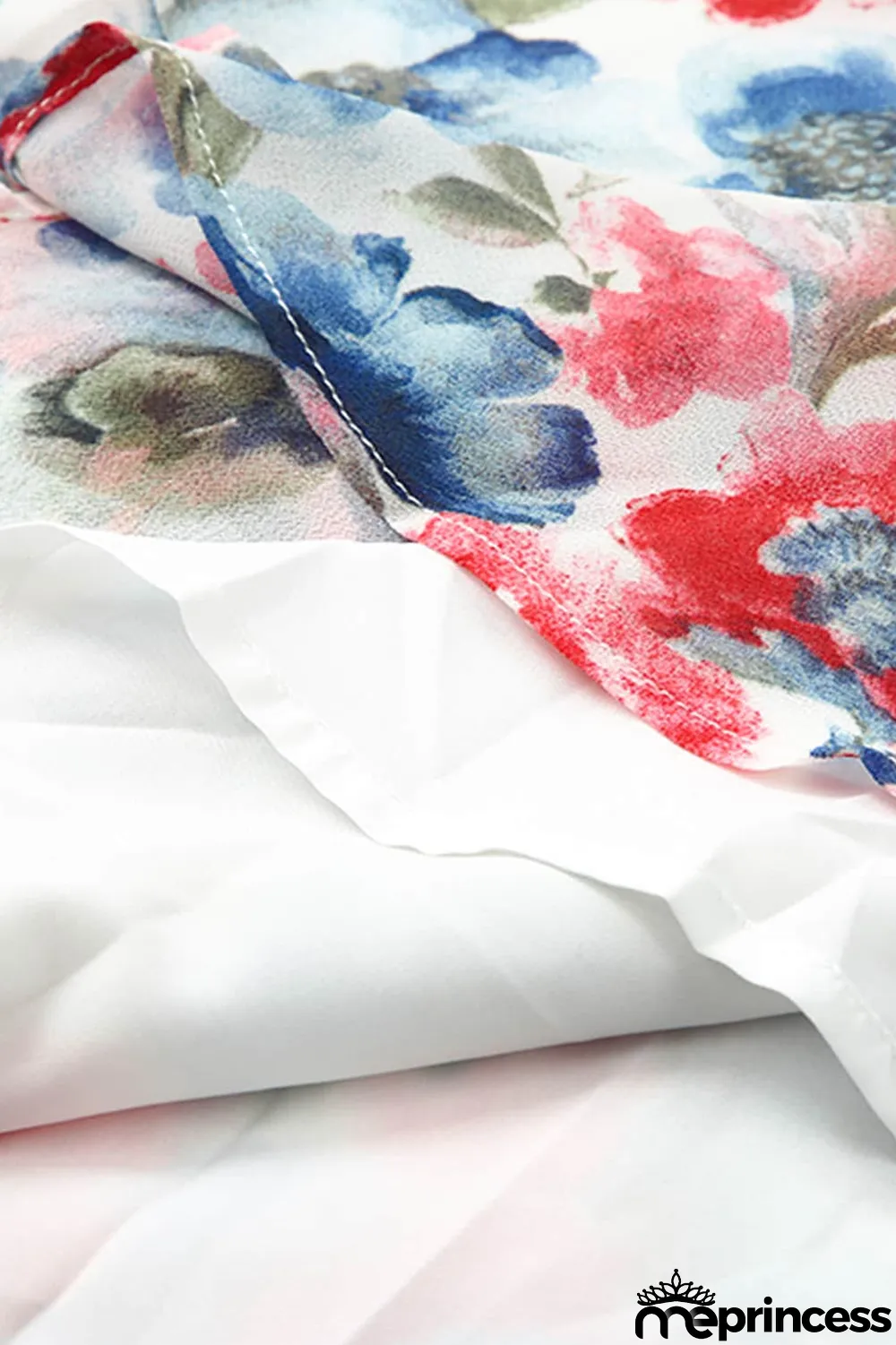 Sky Blue Vintage Floral Print Drawstring Flowy Dress