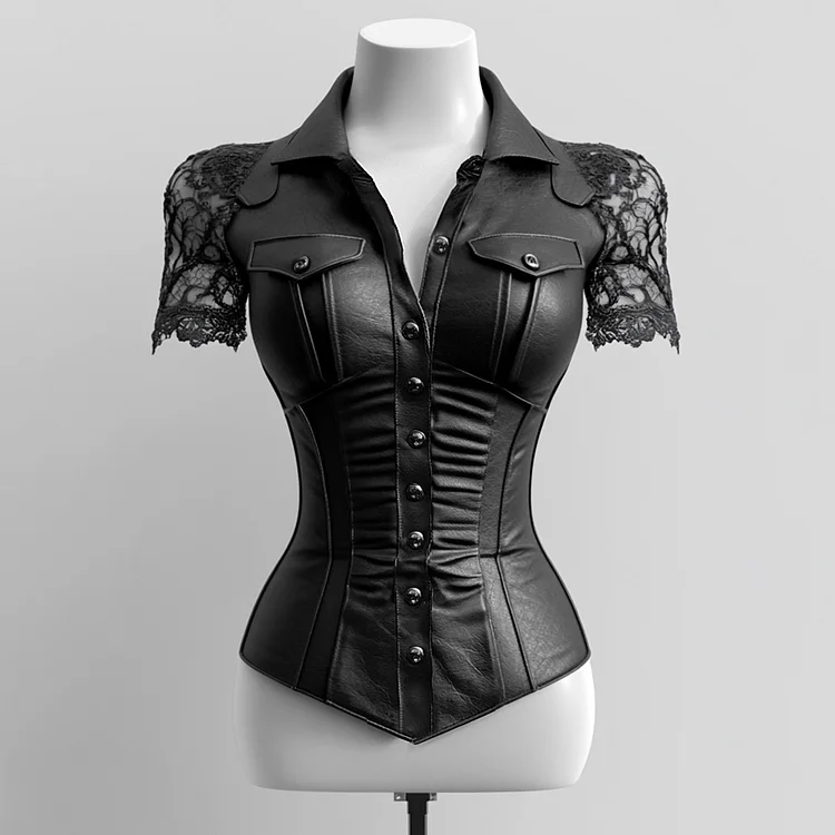 Ursime PU Leather Lapel Collar Lace Short Sleeve Blouse