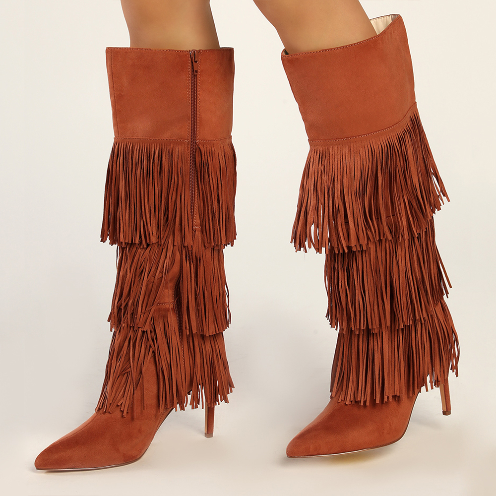 Brown Vegan Suede Pointed Toe Stiletto Knee High Boots with Fringes Nicepairs