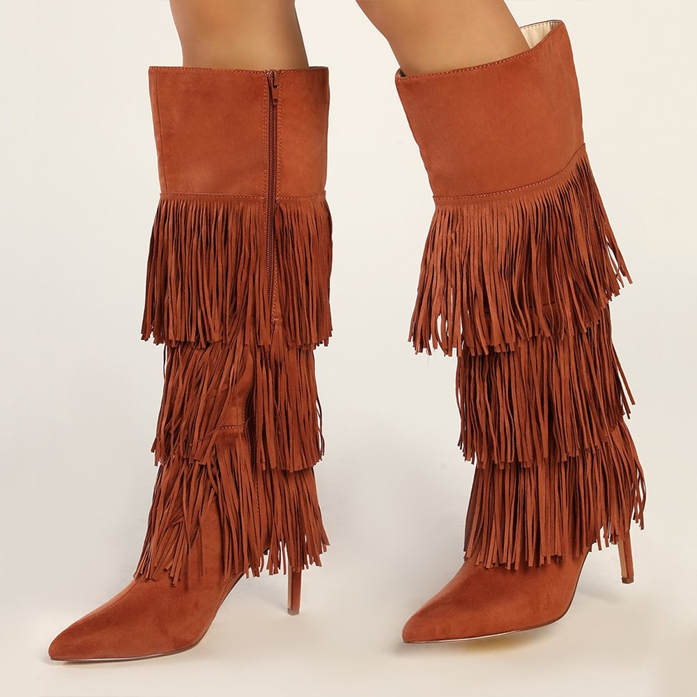 Brown Pointed Toe Suede Boots Tassel Decor Stiletto Heels Nicepairs