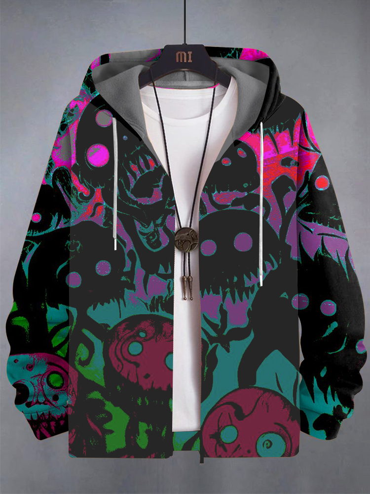 Men's Horror Ghost Dark Art Print Casual Zip Up Hooded Jacket