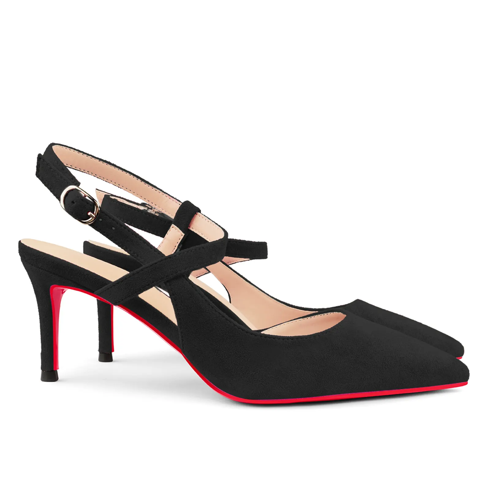 65mm Women Pumps Ankle Strap Jenlove Stiletto Slingback Suede Kitten Pointed Toe Dress Red Bottoms Heels-vocosishoes