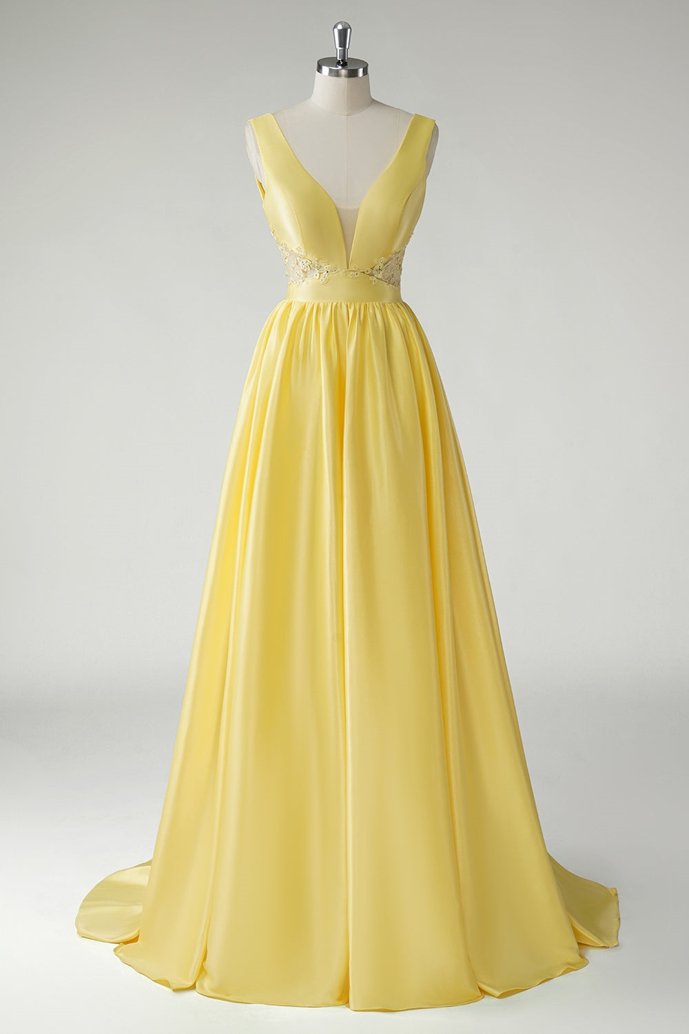 Ovlias Charming Yellow Wide Shoulder Straps Applique Sleeveless Prom Dress LY0599