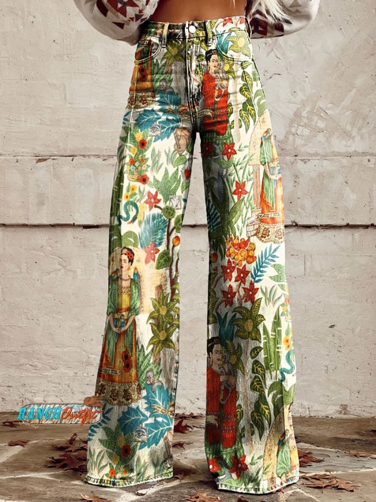 Women’s Vintage Wild West Print Casual Wide Leg Pants Multicolor / S