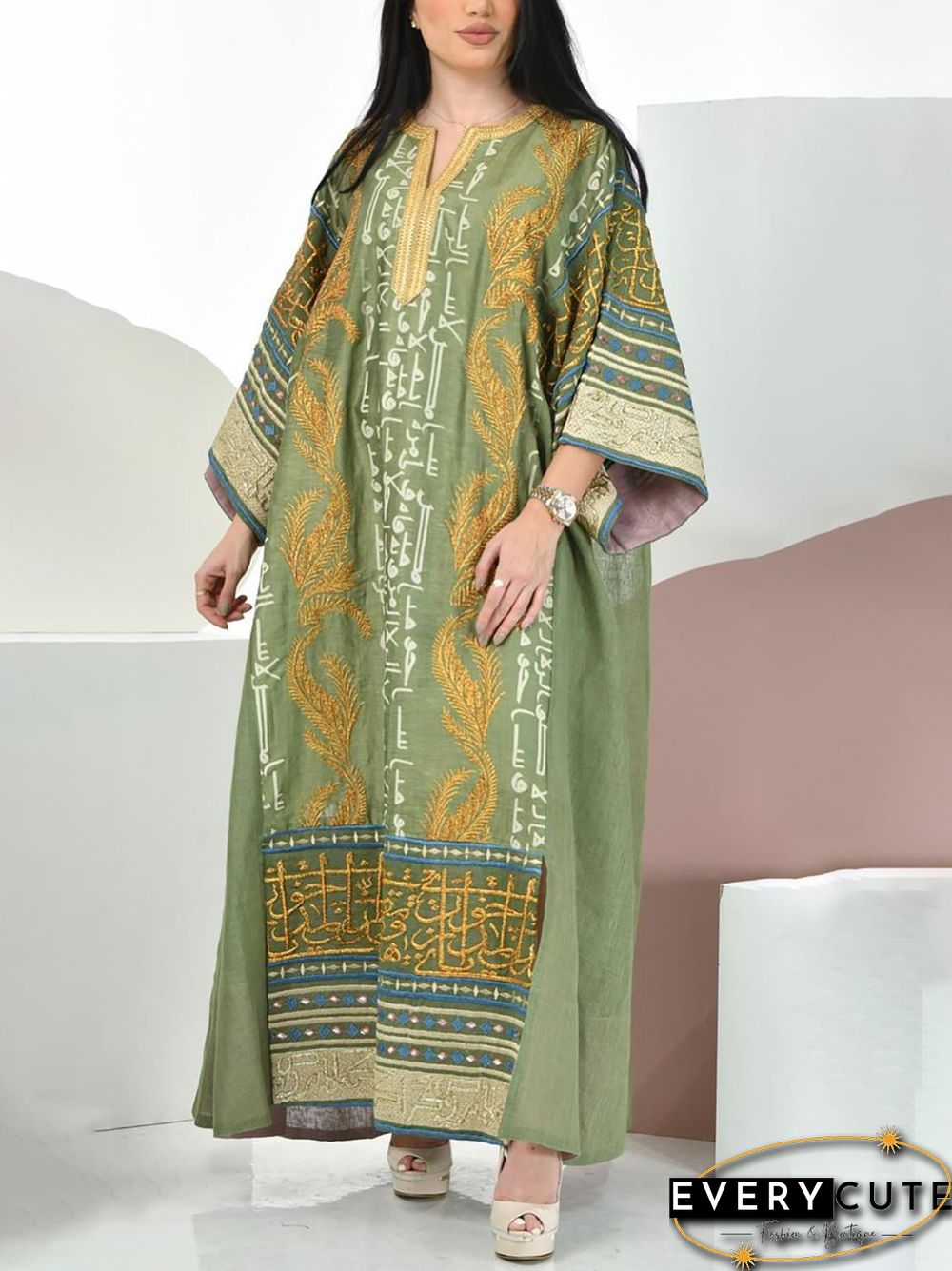 Rero Green Loose Pattern Kaftan