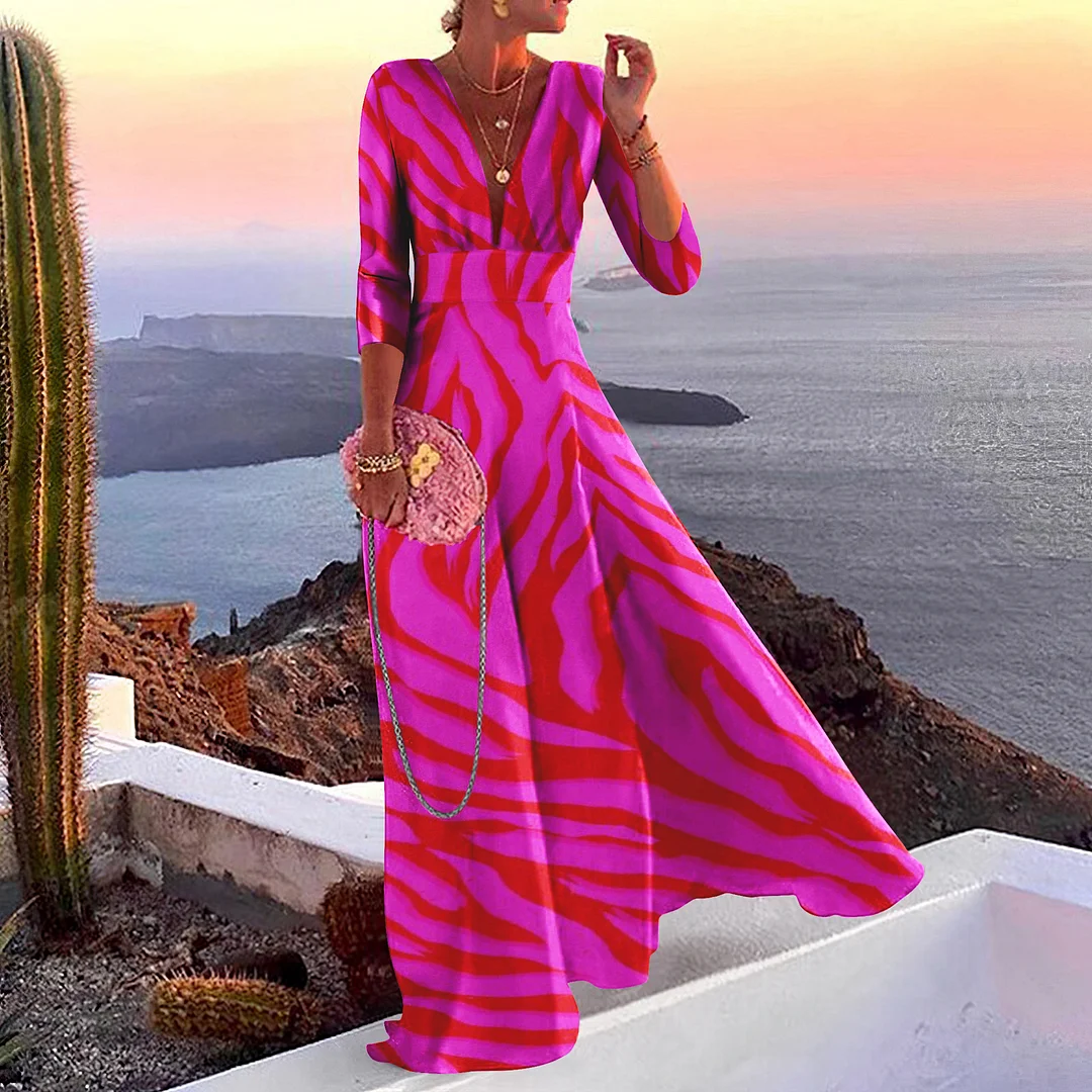 Deep V-Neck Contrast Stripe Print Maxi Dress