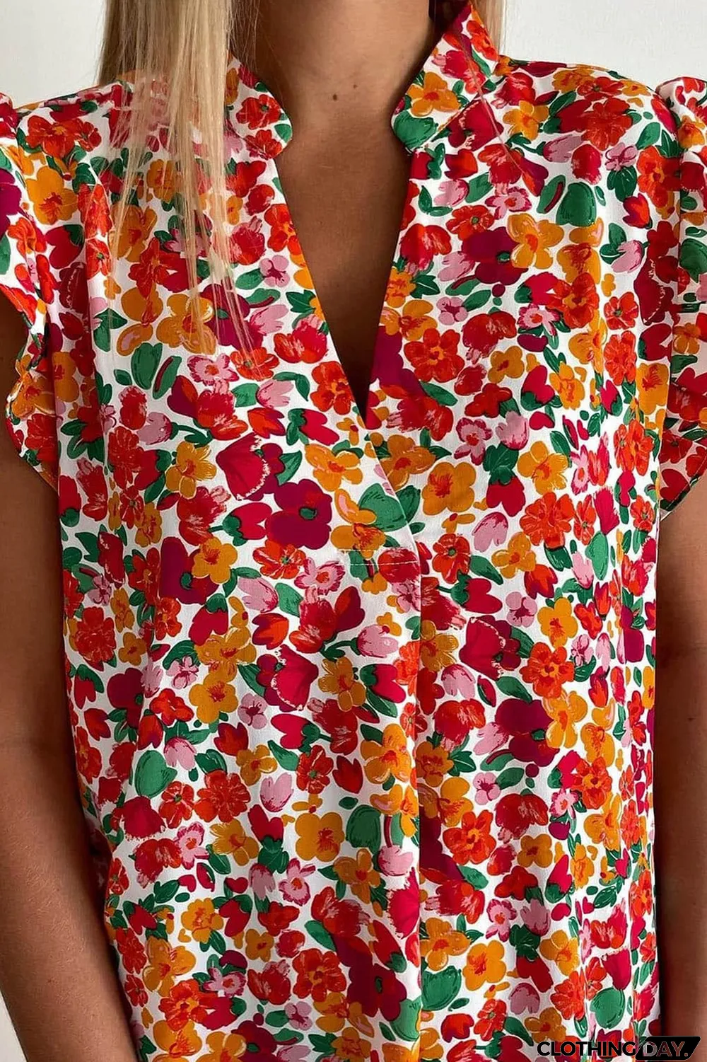 Red Ruffle Sleeve V-Neck Floral Dress