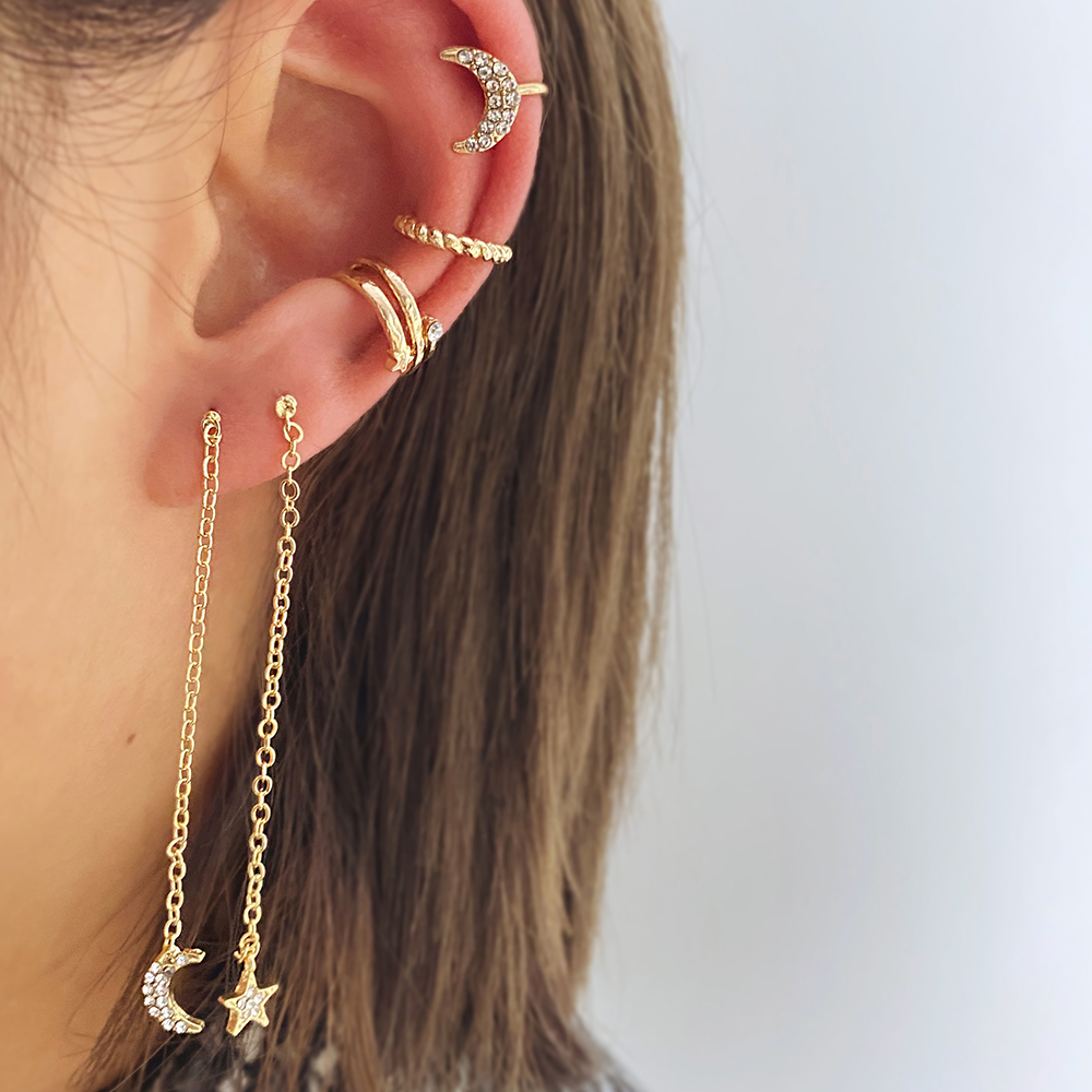 Vintage Crystal Butterfly Tassel Dangle Earrings for Women Bohemian Gold Color Star Moon Ear Clip Earring Set Jewelry