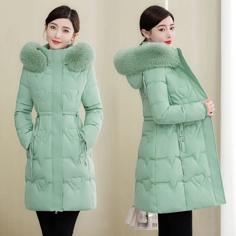 Woherb Cotton-Padded Clothes Female Medium Long Style 2024 Winter New Korean Version Slim Long Cotton-Padded Jacket Add Thick Warm Big Wool Collar Large Size Coat-Outfit Ideas