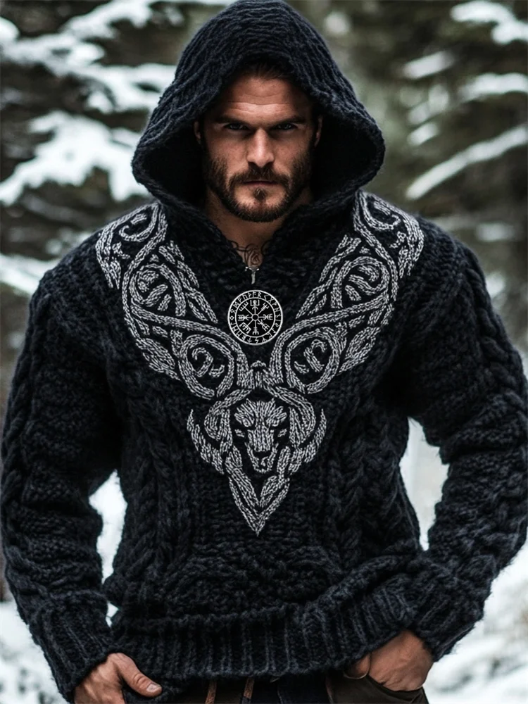 Men's Viking Vegvisir Wolf Celtic Chunky Hooded Sweater