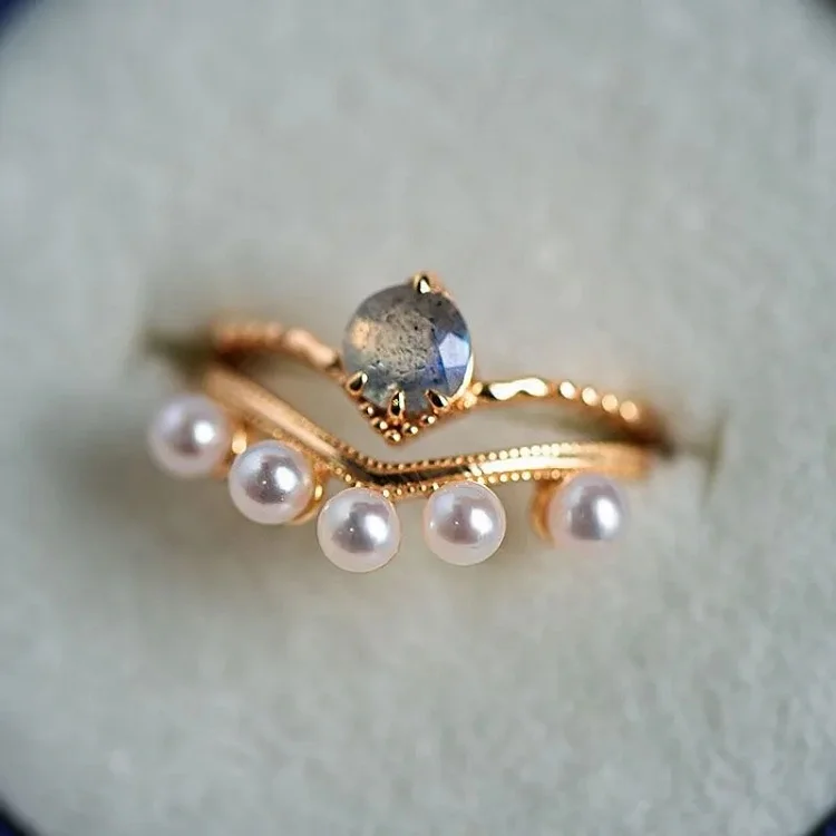 Olivenorma Crystal Pearl Wedding Stacking 2 Pcs Ring Set 
