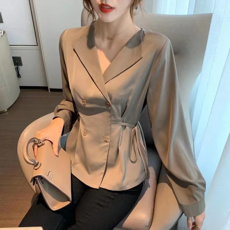 2022 Spring Korean Version Of The Light Familiar Style Retro Top Fashion Suit Collar Waist Long-sleeved Chiffon Women&#39;s Shirt