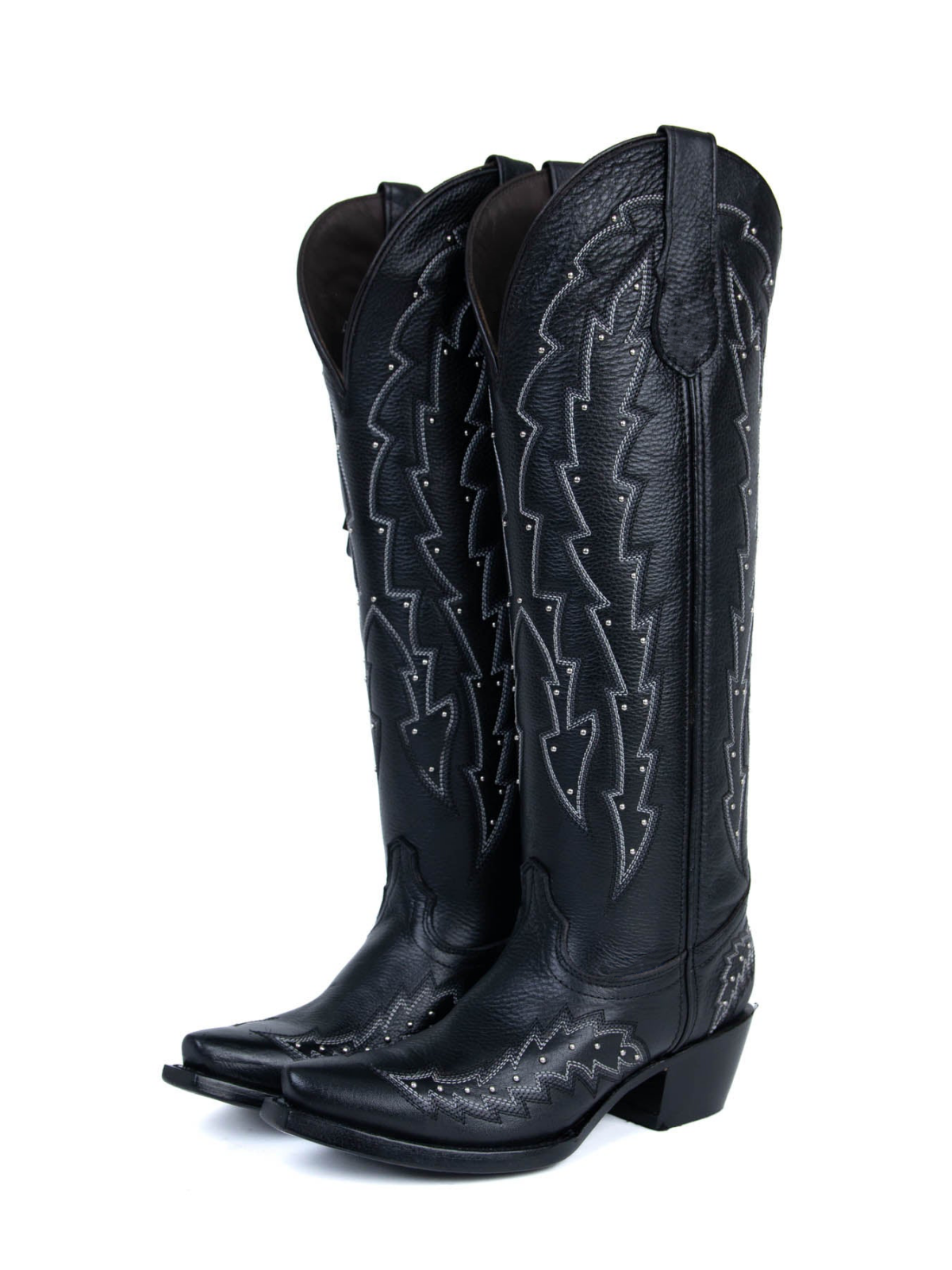 Taafo Black Studded Embroidery Snip-Toe Half-Zip Cowgirl Knee High Tall Boots