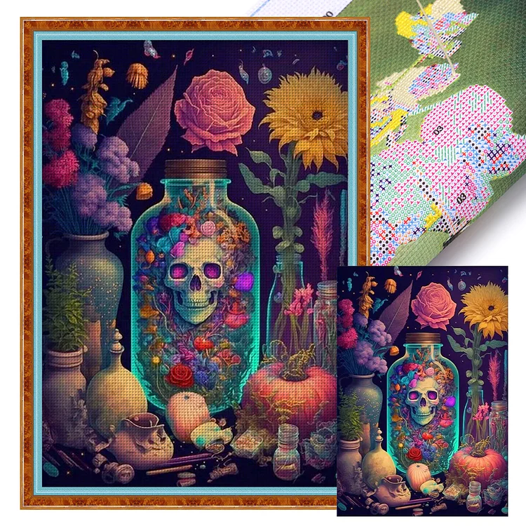 【Huacan Brand】Flowers And Skull In A Bottle 11CT Stamped Cross Stitch 50*70CM