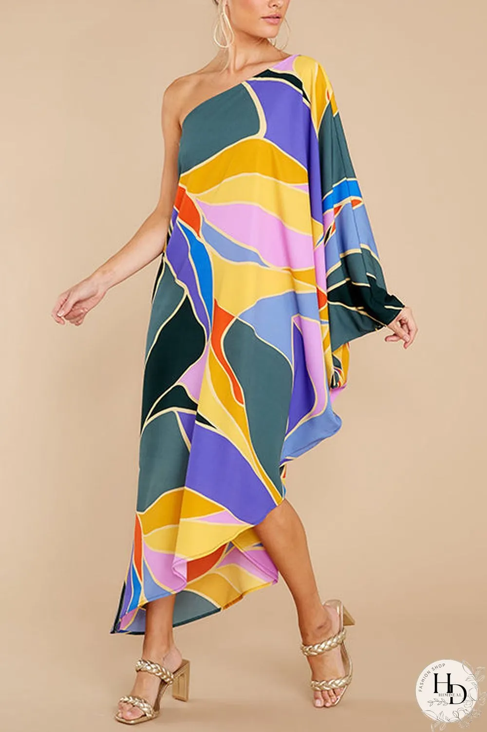 Multi Print Asymmetrical One Shoulder Dress