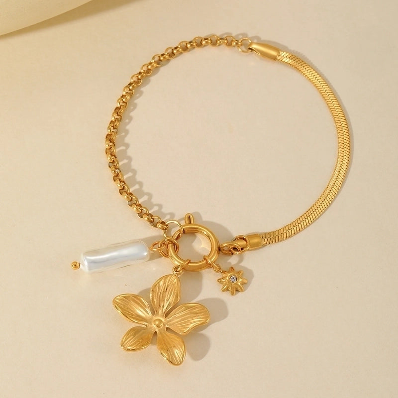 Casual Elegant Cute Cross Heart Shape Flower 304 Stainless Steel 18K Gold Plated Imitation Pearl Zircon Cable Chain Snake Chain Bracelets In Bulk