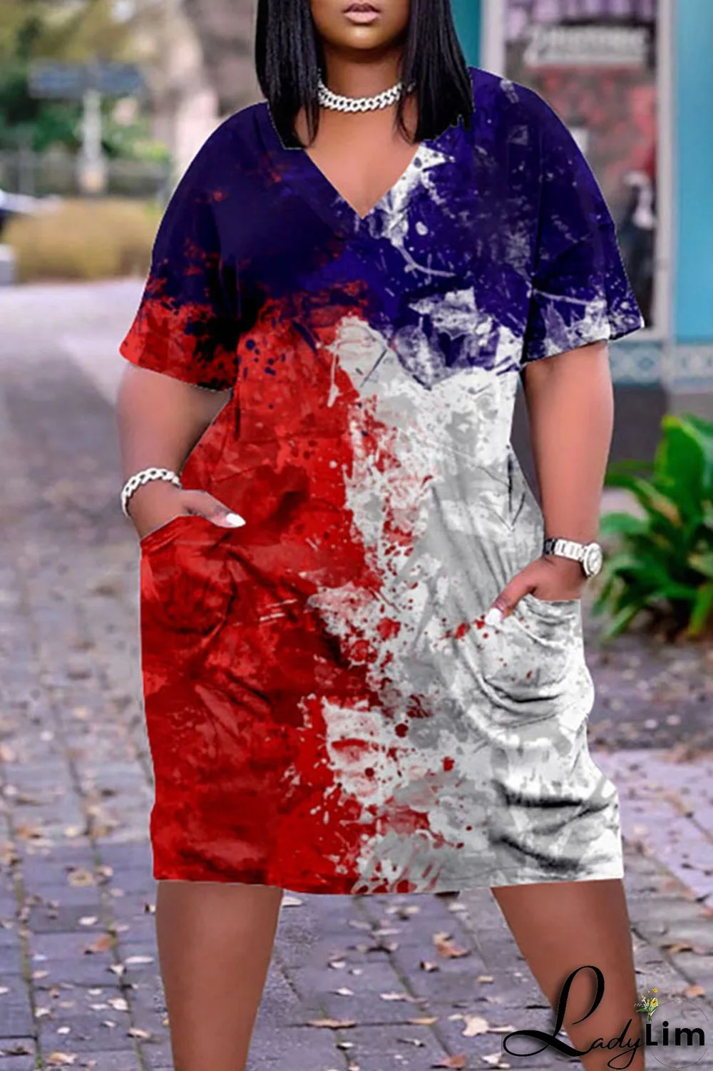 Deep Blue Casual Print Patchwork V Neck Dresses