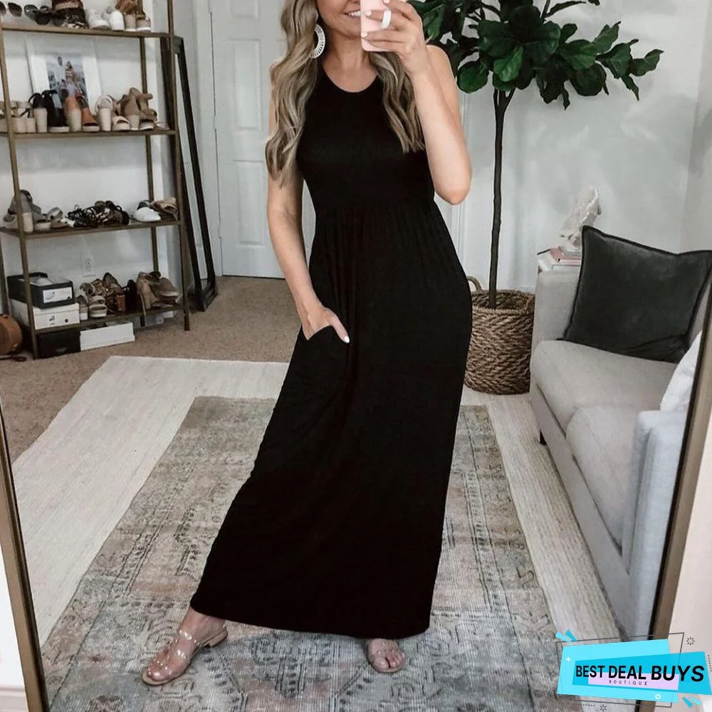 Black Sleeveless Round Neck Maxi Dress Black Dresses