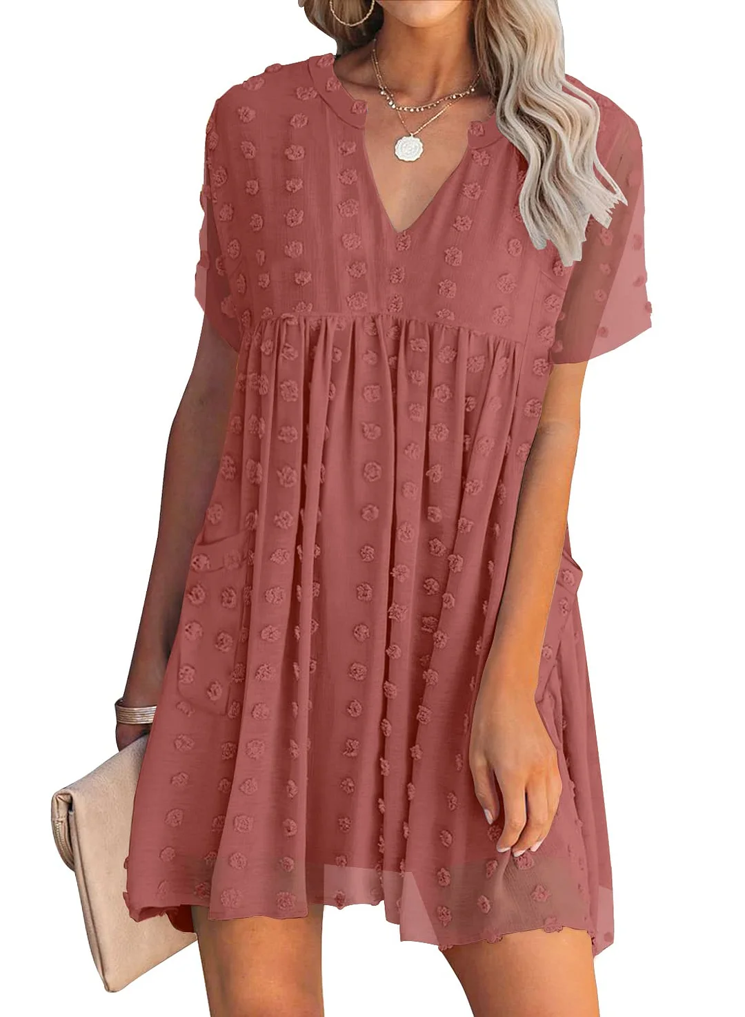 MIHOLL Women's V Neck Short Sleeve Ruffle Loose Summer Flowy Mini Dress