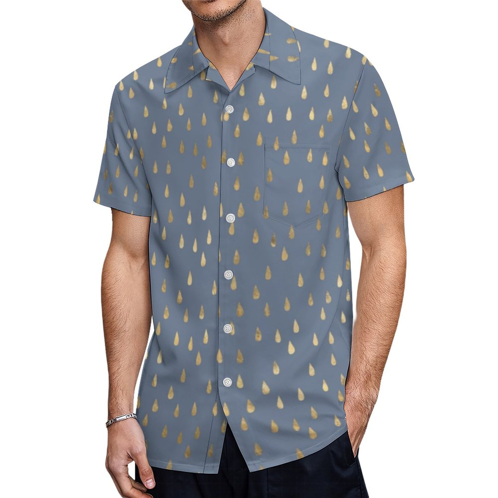 Light Blue Gold Raindrop Modern Trendy Yoga Hawaiian Shirt Mens Button Down Tropical Hawaii Beach Shirts