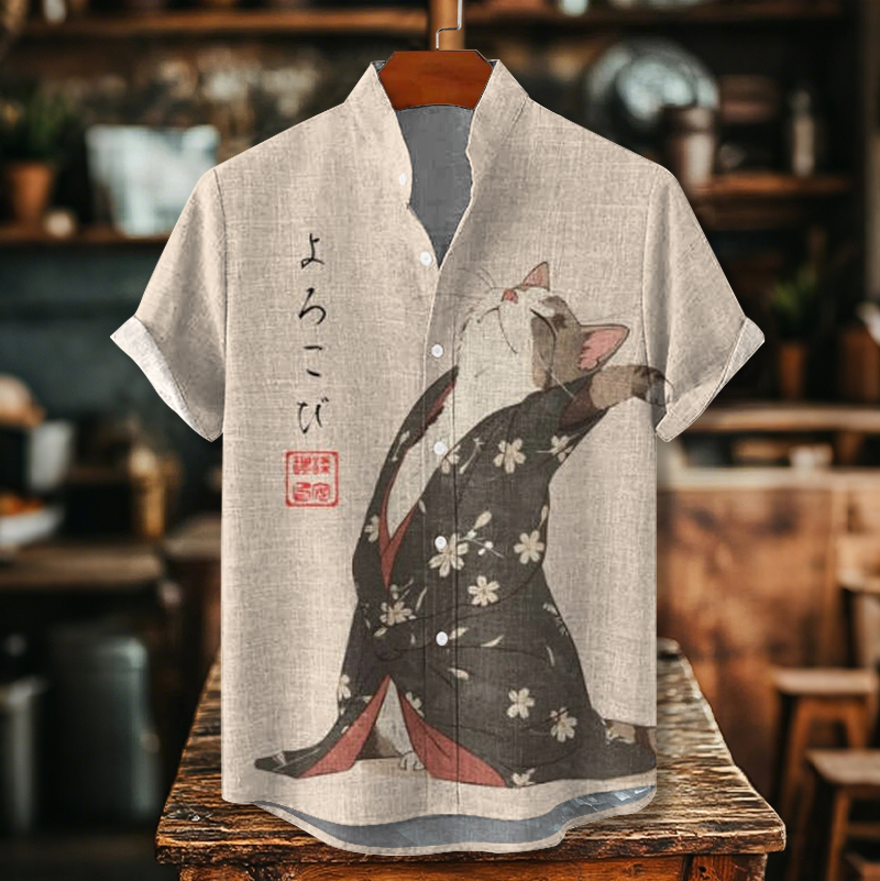 Men's Retro Japanese Cat Hoji Dancing Cat Art Comfy Linen Blend Cozy Short Sleeve Shirt elevenforest