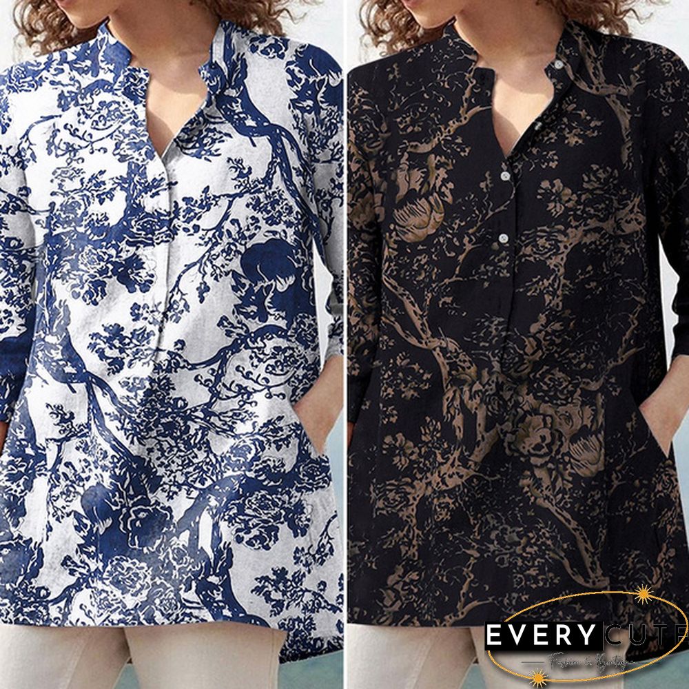 Womens Fashion Casual Cotton Top Autumn Floral Print Neck Sleeve Baggy Retro Shirt Blouse