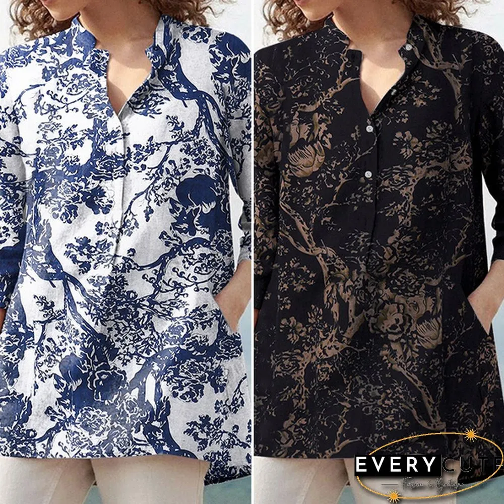 Womens Fashion Casual Cotton Top Autumn Floral Print Neck Sleeve Baggy Retro Shirt Blouse