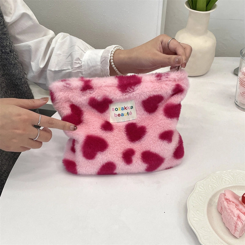 4123 Style Winter Plush Cosmetic Bag Color Polka Dot Large Capacity Travel Skin Care Cosmetics Storage Bag For Women