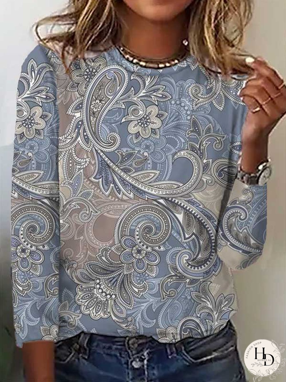 Ethnic Crew Neck Long sleeve T-Shirt