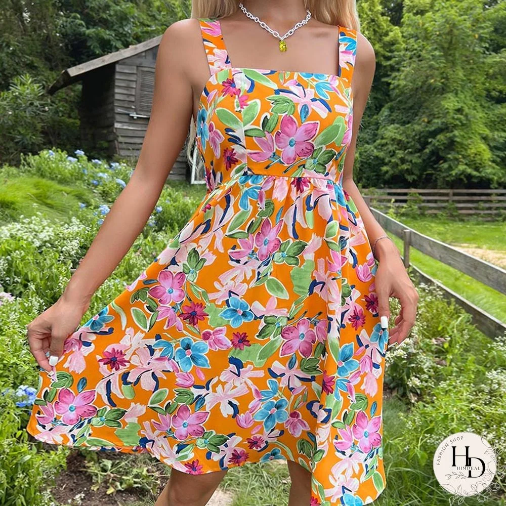 Elegant Sling Dress For Summer Dresses New Sexy Spaghetti Strap Backless Slip Pockets Waist Mini Floral Print Dress