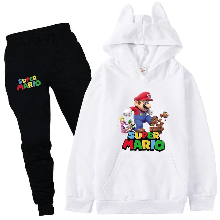 Mayoulove Super Mario Print Girls Boys Cotton Sweatshirt And Pants Set Tracksuit-Mayoulove