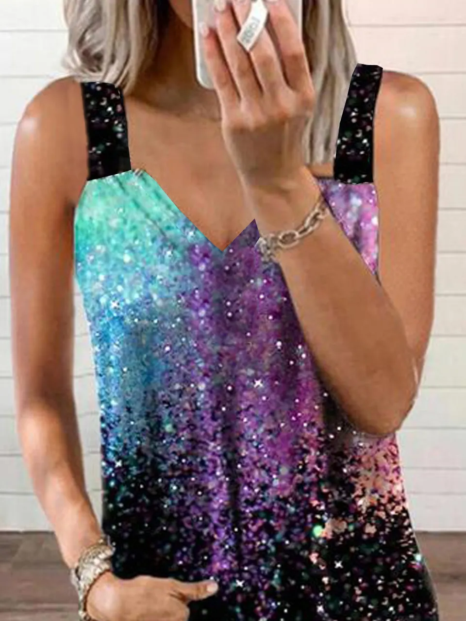 Casual Ombre Printed Loosen Spaghetti Tunic Knit Tops