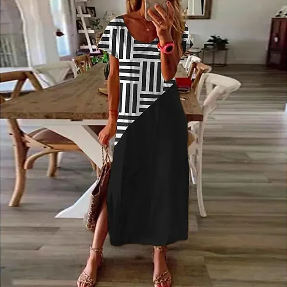 Black And White Short Sleeve Maxi Dress
