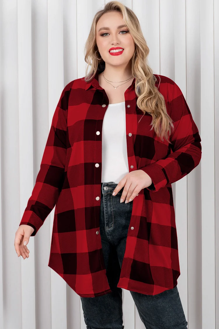 Flycurvy Plus Size Casual Red Plaid Print Turn Down Collar Cardigan  Flycurvy [product_label]
