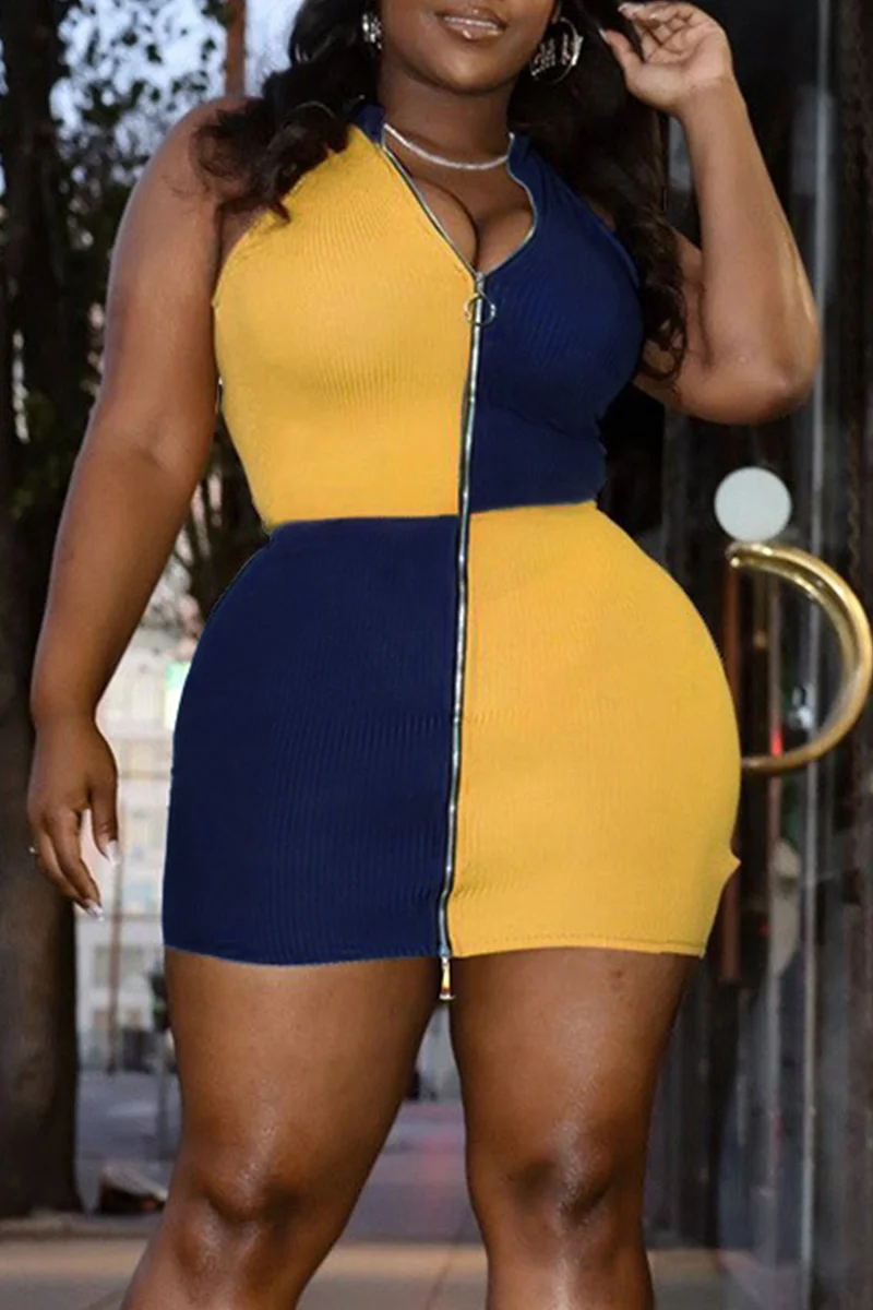 Black Sexy Casual Plus Size Patchwork Zipper Sleeveless Dress