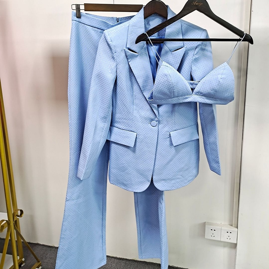 Colourp STREET Star Fashion 2022 Designer Blazer Suit Set Women's Single Button Glitter Dot Beaded Camis Blazer Pants Suit 3pcs Set