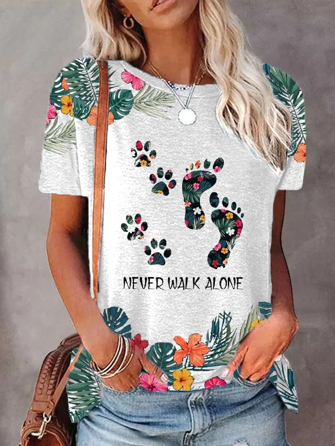Women's NEVER WALK ALONE Dog Paws Print Casual O-Neck Loose T-Shirt