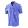 Men Gothic Retro T-Shirt Lace-up V-neck Linen Pocket Short Sleeve Tee Shirt Loose Tops
