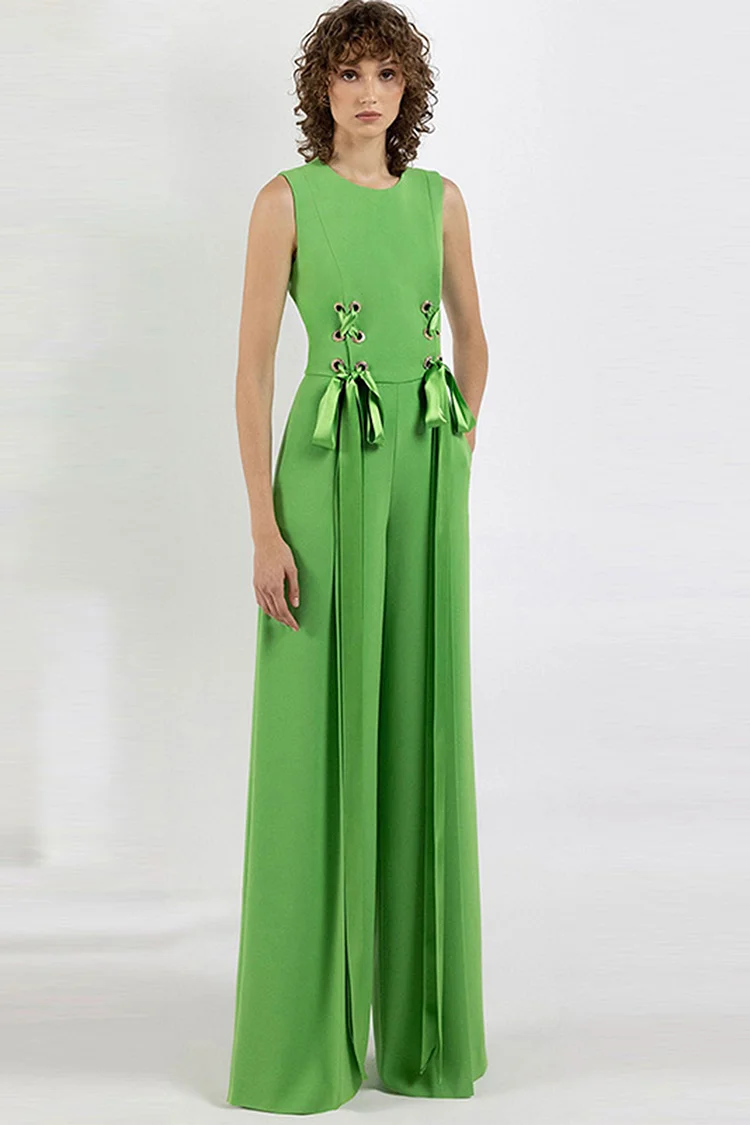 Sleeveless Lace Up Wide Leg Pocket Jumpsuit-Green