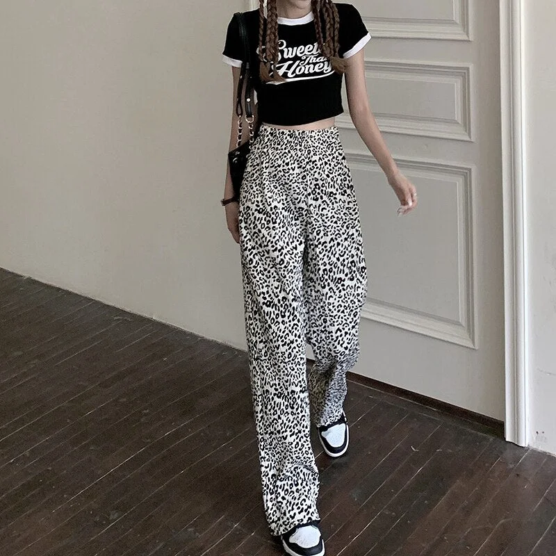 Summer Fashion Casual Slacks High Waist Pants Women Fashion Leopard  Long Trousers  Straight Sweatpants Streetwear