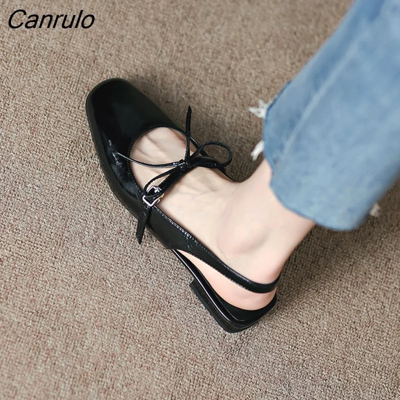 Canrulo Spring New Shallow Slip On Women Pumps Shoes Square Low Heel Ladies Elegant Office Dress Shoes Zapatillas Mujer