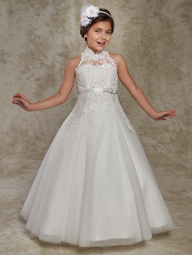 Oknass  Ball Gown Sleeveless High Neck Flower Girl Dresses Lace  With Beading Appliques