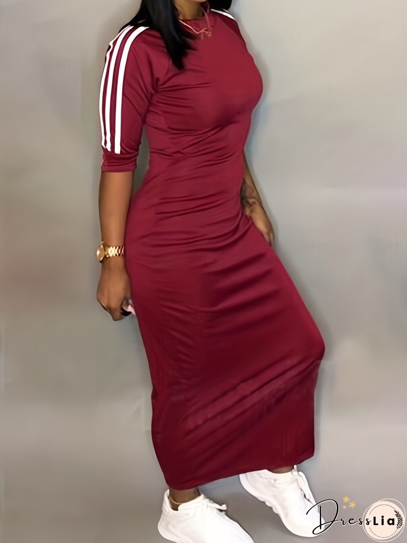 Striped Print Maxi Dress, Casual Crew Neck Dress For Spring & Summer, Women's Clothing