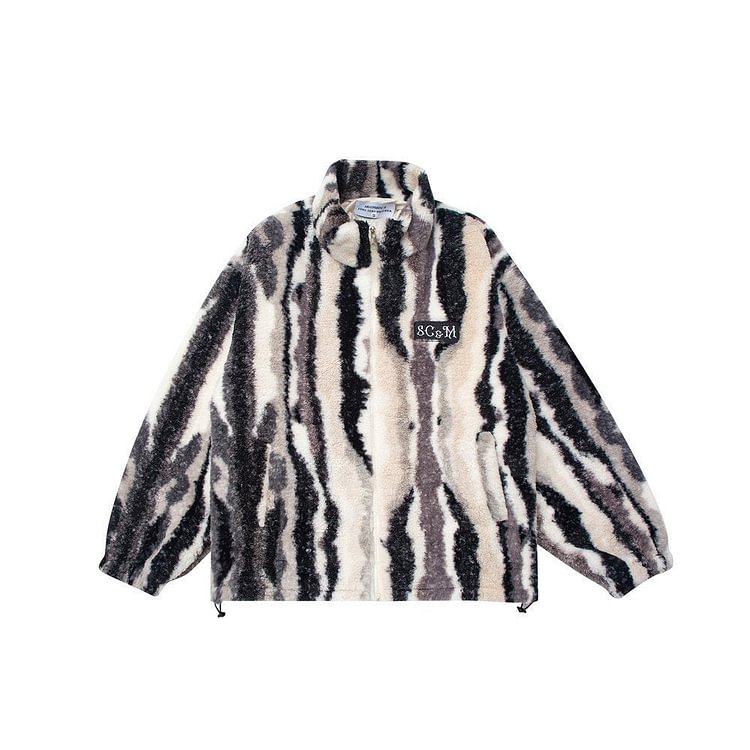 The Supermade White Tiger Print Texture Fleece Jacket