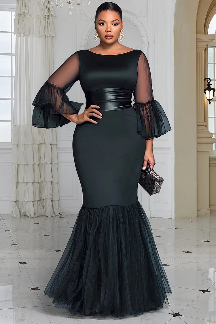 Xpluswear Design Plus Size Formal Tulle Black Round Neck Flare 3/4 Sleeve Contrast Elegant Bodycon Satin Maxi Dresses [Pre-Order]