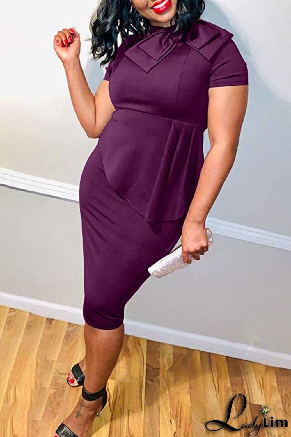 Coral Powder Casual Solid Patchwork Asymmetrical With Bow O Neck One Step Skirt Dresses