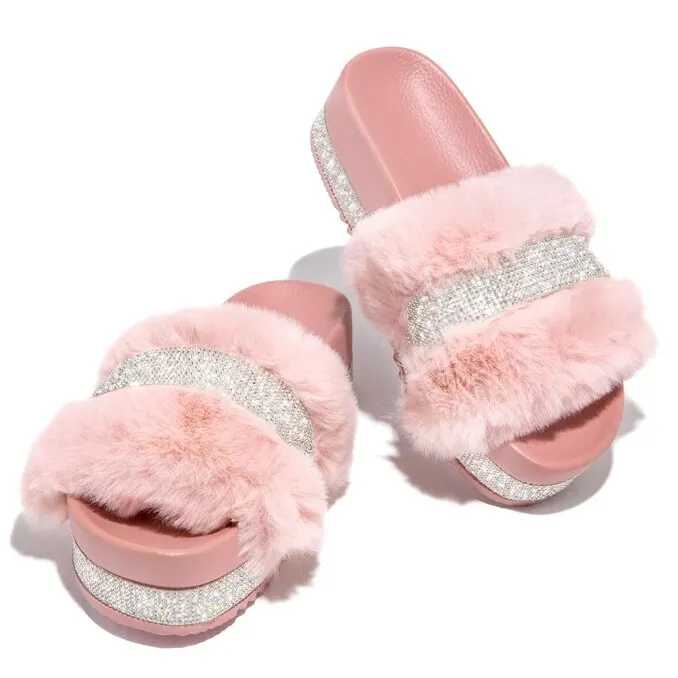 Luxury Designer Women Fur Rhinestone Slippers Platform Wedges Heel Solid Fluffy Furry Slides Outside Sexy Shoes Ladies Sandals