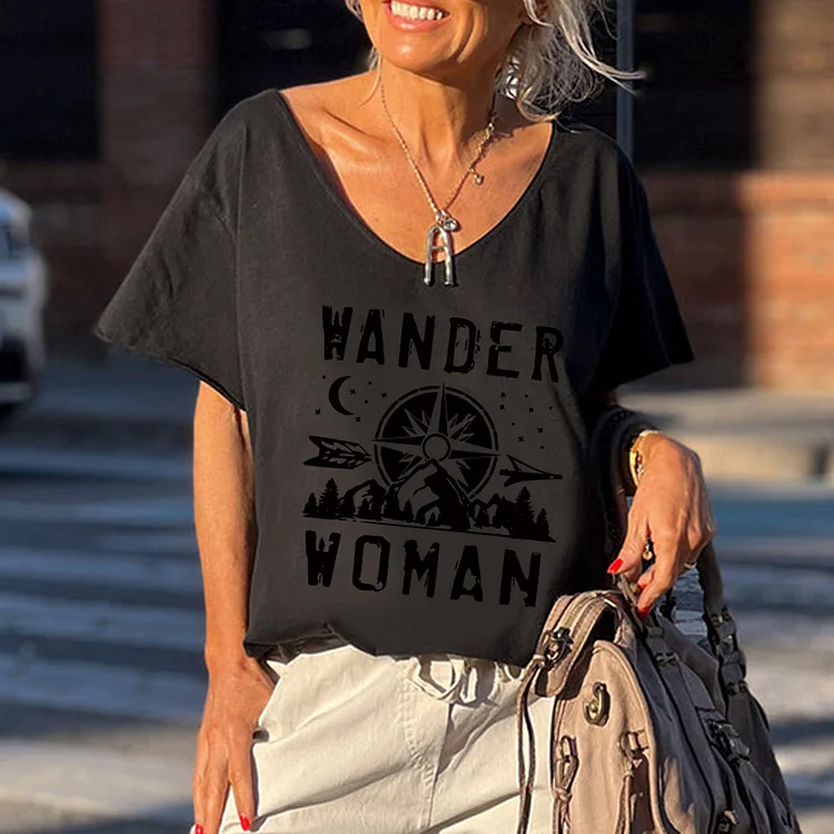 Wander Woman Hiking Tees V-Neck Loose Short Sleeve T-Shirt-012387