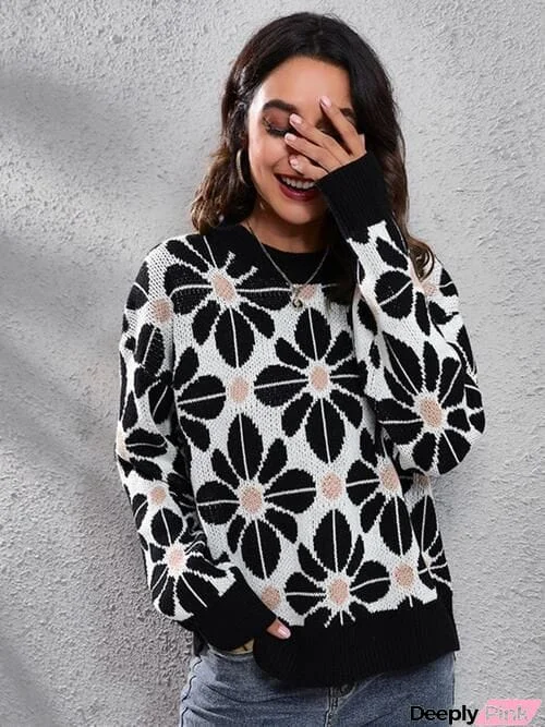 Floral Round Neck Long Sleeve Sweater